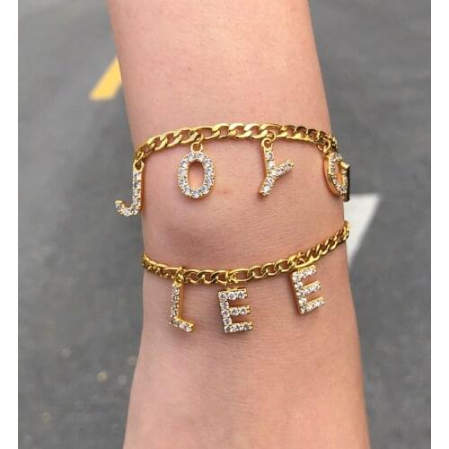 Custom Zircon Letter Name Bracelets For Women Girls Gold Color Stainless Steel Chain Female Personalized Charm Bracelet Jewelry