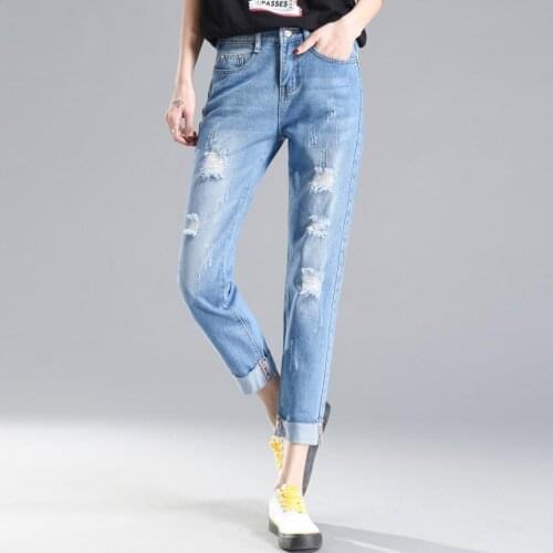 High waist hole 2018New female Haren loose women pants woman fashion broken torn ripped Jeans student girl denim Cheap wholesale