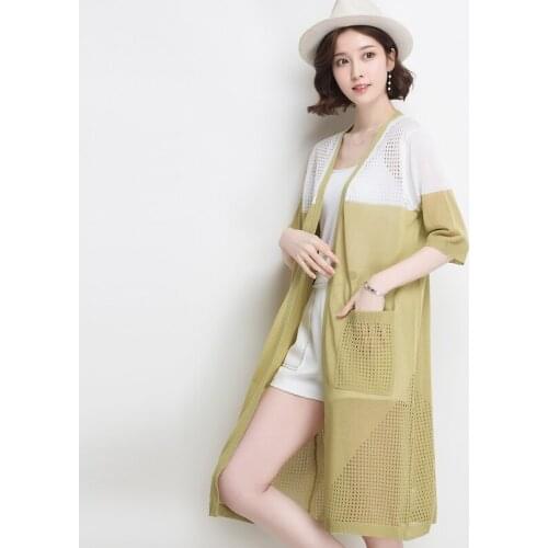 Summer womens contract colors knit hollow cardigan outwear v-neck ladies long hollow out thin knitwear coat with pockets