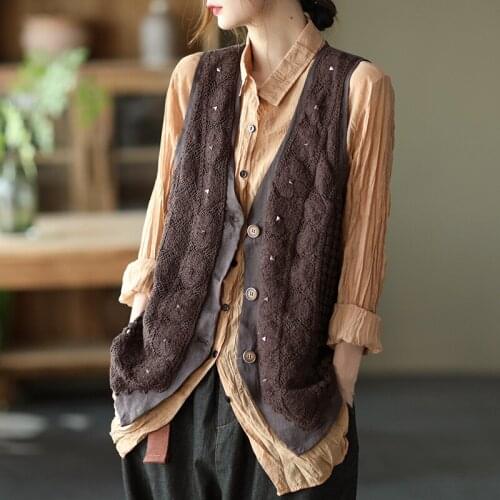 Johnature Women Cotton Linen Vest V-Neck Sleeveless Rivet Patchwork Button Casual 2021 Autumn New Solid Color Loose Clothing