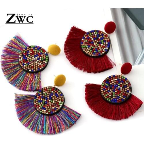 ZWC 2020 Fashion Bohemian Statement Long Fringe Drop Earring Handmade for Women Geometric Big rhinestone Tassel Earrings Jewelry