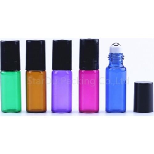 1000PC/Pack 5ml Amber blue green Thin Glass Roll on Bottle Sample Test Essential Oil Vials with Roller Metal Ball