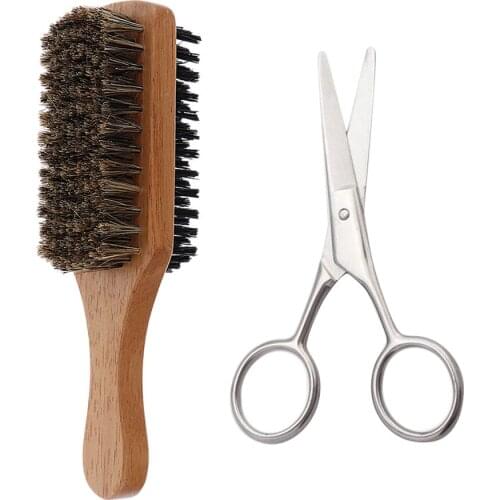 2Pcs Beard Mustache Shaper Trimmer Scissor Grooming Trimming Brush Set Salon Hair Brush Natural Wooden Wave Brush