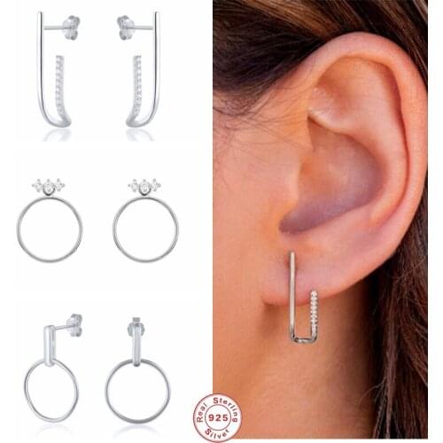 GS 925 Sterling Silver Geometric Line Hollow Circle Stud Earrings for Women Girl Cubic Zirconia Jeweled Ear Stud Party Jewelry