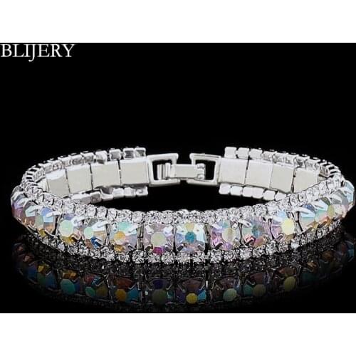 BLIJERY Silver Plated Wedding Bridal Crystal Bracelets Charm Colorful Rhinestone Chain Link Bracelets & Bangles For Women Femme