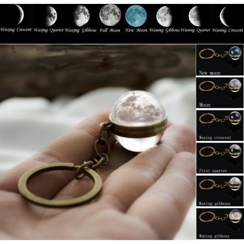 Moon Phase Image Keychain Planet Nebula Space Keyrings Galaxy Universe Moon Earth Sun Mars Solar System Double Sided Glass Ball