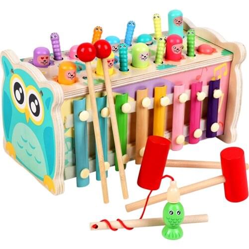 Children wooden educational toy cartoon dinosaur montessori beat gopher game magnetic fishing catch worm for boy girl baby kids