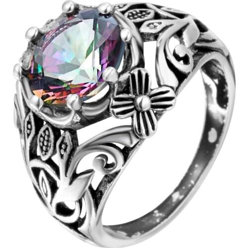 Hainon Antique silver color Rings Vintage Rainbow Zircon Stone Party Rings Flower Design Finger Rings Jewelry 2020 new Hot