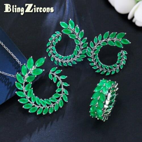 BeaQueen Fashion 3 Pcs Green Olive Branch Marquise Cubic Zirconia Leaf Ring Earring Necklace Jewelry Set for Women JS115