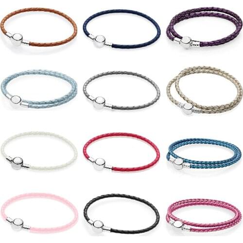 NEW Fashion 925 Sterling Silver Multicolor Mixed Powder Blue Women Double-Leather Bracelet Fit Charm DIY Original Round Bead