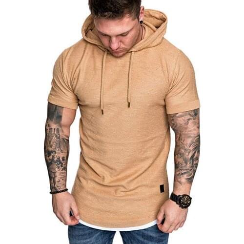 New Casual Fashion Solid Color Hooded T-shirt Summer Mens Casual Sports Short-sleeved T-shirt