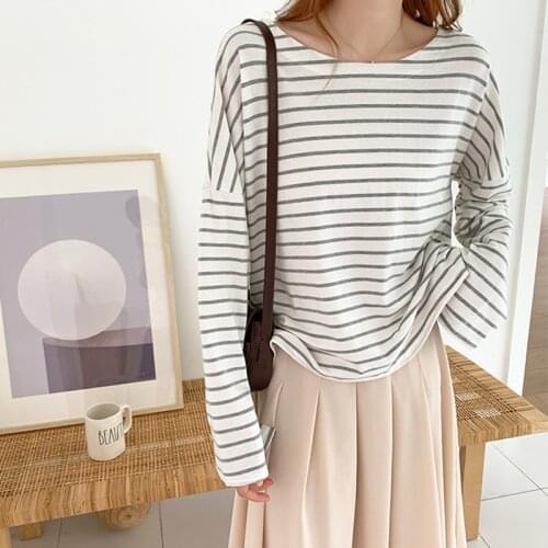 Alien Kitty 2021 New Autumn Womens Long-Sleeved T-Shirt Striped O Neck Casual Classic Hot Chic Fashion Basic Loose Female Top