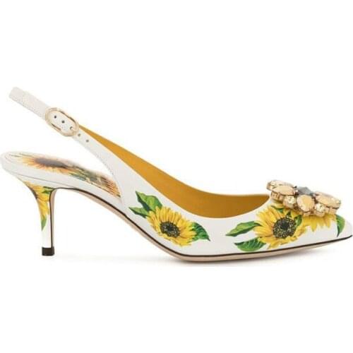 New Sunflower Printed Leather Back Strap Pumps Rhinestone Flower Buckle Bridal High Heels Point Toe Slip On Party Dress Shoes