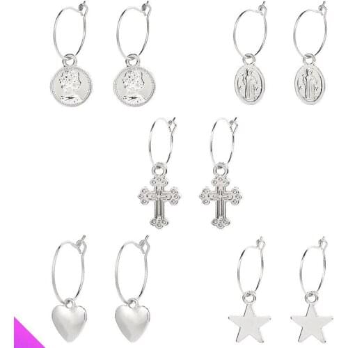 Wholesale 10 cross star heart shaped big round earrings classic romantic sweet girl ladies jewelry gift 5 styles 2021