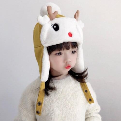 Autumn Winter Cute Kids Girls Antler Pompom Chin Strap Ear Flap Cap Warm Hat Warm Plush Winter Caps Ear Protector Skin Care