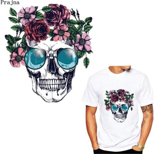 Prajna Skull Flower Patch Iron On Patches For Clothing Summer Style Stickers On Clothes T-shirt Washable Heat Transfer Patches