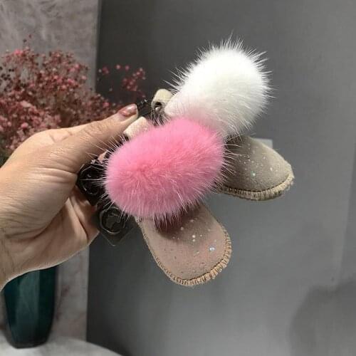 Retro Fur Chains 2020 Christmas Gift For Girl Natural Mink Fur /Leather Pompom Mini Boot Keyrings Female Charm Bag Pendant Chain