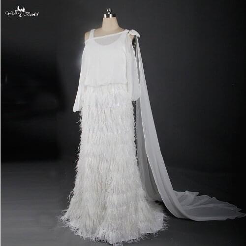RSW881 Detachable Watteau Train Ivory Chiffon And Ostrich Feather Wedding Dress