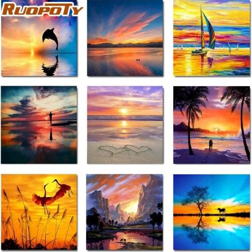 RUOPOTY DIY Painting By Number Sunset dolphin Drawing On Canvas Pictures By Numbers Landscape Kits Home Decor Hand Painted Paint