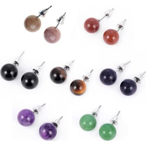 Natural Stone Tiger Eye Opal Ball Beads Stud Earrings Jewelry Unisex