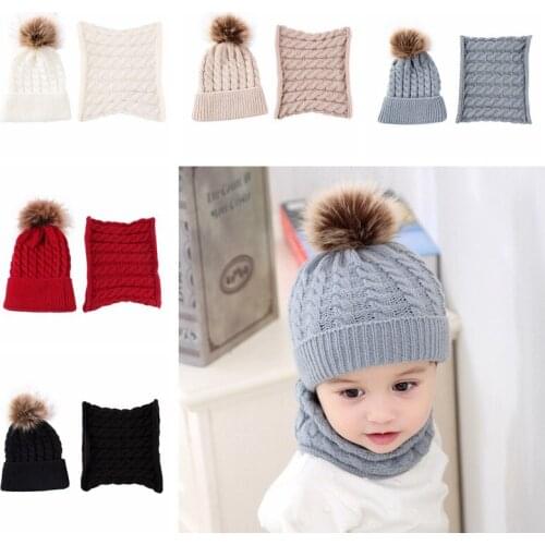 Cap and Scarf Set Cute Kid Baby Pompon Winter Knitted Hats Caps Pompom Balls Beanie Scarfs Suits for Boys Girls TD261