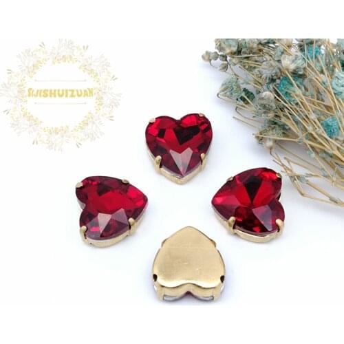 Red Heart shape Crystal Glass Sewing Rhinestones with gold Claw Rhinestones for Diy wedding Dress and Bags