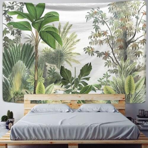 Tropical Plant Print Art Tapestry Wall Hanging Palm Tree Leaves Hippie Flamingo Cactus Painting Boho Polyester Carpet Wall Decor