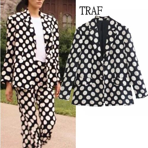 TRAF Za Blazer Women 2021 Autumn Polka Dot Long Sleeve Womens Jacket Vintage Office Lady Casual Loose Female Outerwear Chic Top