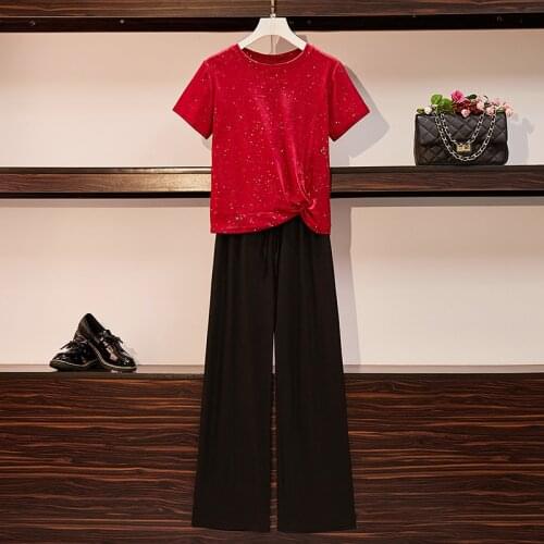 Plus size women printed summer set streetwear O neck simple T shirt top and casual wide leg pants fashion cloth two piece suit