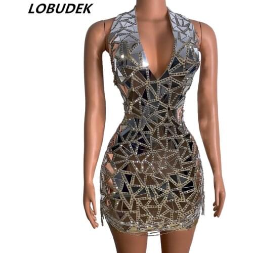 Sexy Sleeveless V-neck Backless Rhinestones Mirror Mini Short Dress Lady Evening Party Birthday Prom Chain Sequin Stage Costume