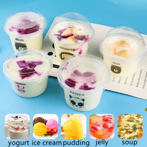 50pcs Creative cartoon disposable pudding cup 250ml party favor transparent plastic cup yogurt ice cream packaging cups with lid