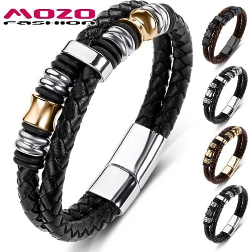 MOZO FASHION Hot Brand Jewelry Classic Genuine Leather Rope Chain Bracelet Stainless Steel Magnetic Buckle High Quality 066