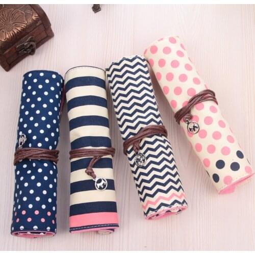 Holes Pencil Bag Canvas Pencil Case Painting Drawing Stationary Roll Pouch Makeup Brush Pen Holder Storage Etui
