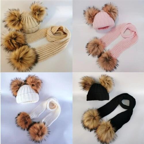 Childrens winter toddler baby kids faux fur hat cap beanie with 2 two double pom poms pompom ears funny hat for boys and girls