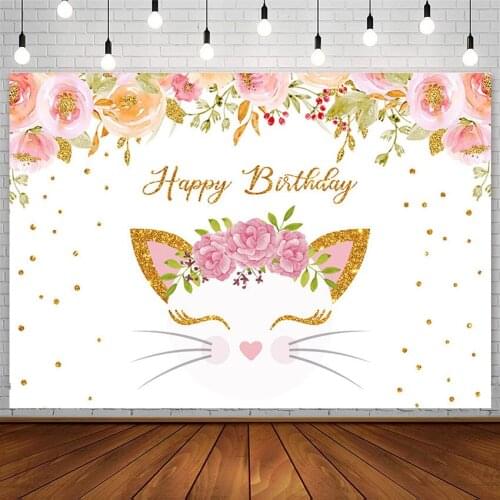 Avezano Happy Birthday Party Photography Backdrop Flower Cat Golden Polka Dot Background Photo Studio Photozone Photophone Decor