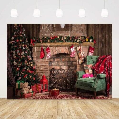 Photography backdrop Vintage Brick Fireplace Christmas Photo Booth Background red sock gifts Christmas tree photocall backdrops