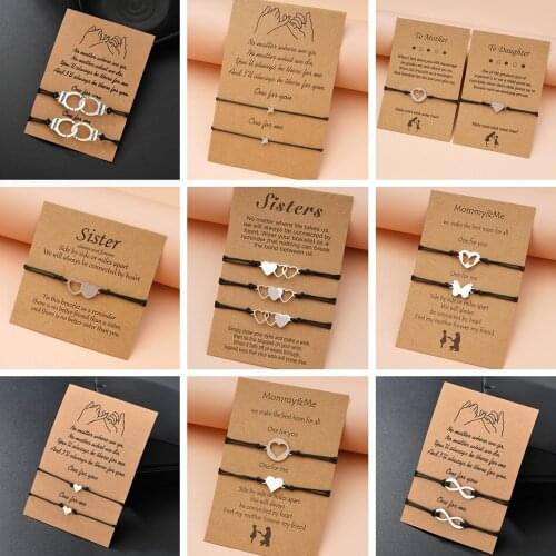 Charmsmic 2pcs Wax Rope Handmade Bracelets Sets Mommy & Daughter Best Birthday Gift Hollow Heart Shape Stainless Steel Jewelry