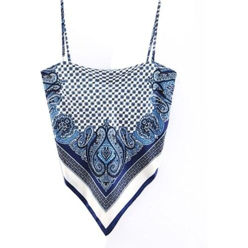 High Street Ladies Tank Top For Streetwear Sleeveless Printing Tie Back Satin Cami Folk Streetwear Shirt Short Summer Streetwear