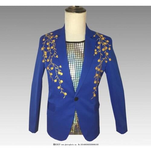 Fashion Men Bule Single Button Blazer Jacket Male Golden Floral Embroidery Slim Fit Presenter Stage Suits Man Nightclub DJ Coats