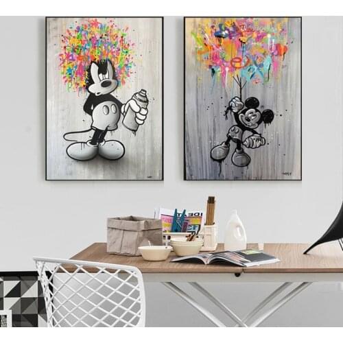 Cartoon Street Art Canvas Paintings Mickey Mouse Graffiti Posters and Prints Black White Disney Wall Art Pictures for Home Decor