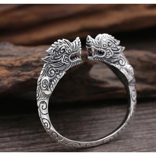 Mens Real 925 Sterling Silver Cuff Bracelet Two Heads Dragon Jewelry A3433
