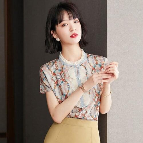 New Chiffon Blouses Woman Summer 2021 Palace Vintage Floral Beading Chic Womens Shirt Short Sleeve Stand Collar Top Femme