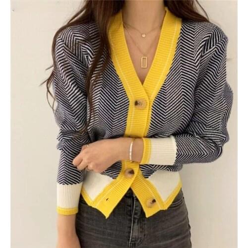 V-neck Single-breasted Korean Cardigan Sweater Women 2020 Autumn Winter Color-blocked Long Sleeve Fashion Elegant Ladies Tops