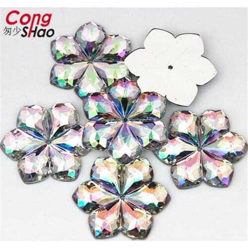 Cong Shao 50pcs 28mm Clear AB Color Flowers Acrylic Rhinestone Crystal Stone flatback sewing 1 Hole costume Button 1 Hole CS266