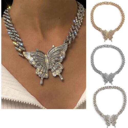Most Popular Hip Hop Full Rhinestone Chain Big Butterfly Pendants Punk Hyperbole Neckalce Jewelry Accessories for Women