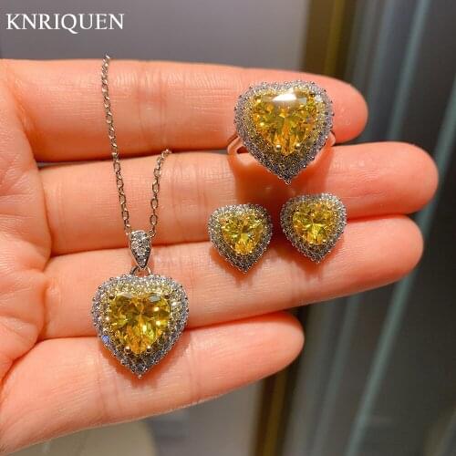 Charms 925 Sterling Silver Heart-Shaped Topaz Pendant Necklace Earrings Ring Gift Lab Diamond Wedding Jewelry Sets for Women