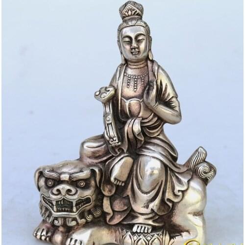 Old Silver carving statue /sculpture-Riding Lion Bodhisattva Buddha,handmade crafts,best collection & adornment,free shipping