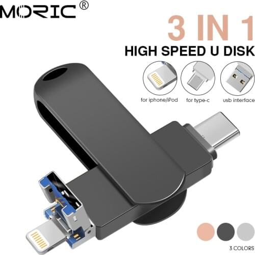 USB iPhone Flash Drive 3-in-1 Lightning TYPE-C 128GB Usb Flash Drive Memory Stick Compatible Apple iPad PC