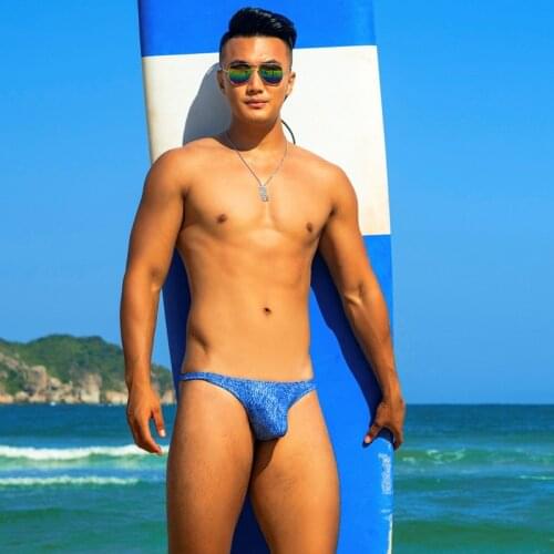 WD248 Blue denim style sexy gay men thong swimwear bikinis hot half-pack hip triangle swimsuits low waist tight men swimwear