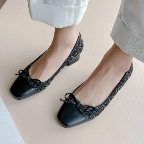 YMECHIC Spring 2020 Fashion Black Beige Daily Office Female Shoes Chunky Heels Bowtie Spring Summer Low Heel Women Shoe Pumps